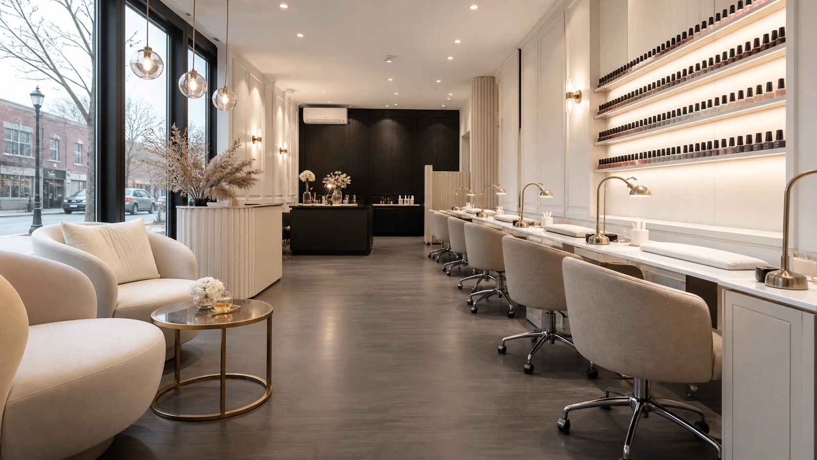 The warm, modern interior of Love Nails Beauty and Spa